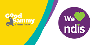 Good Sammy logo on yellow graphic with We Heart NDIS logo on right side