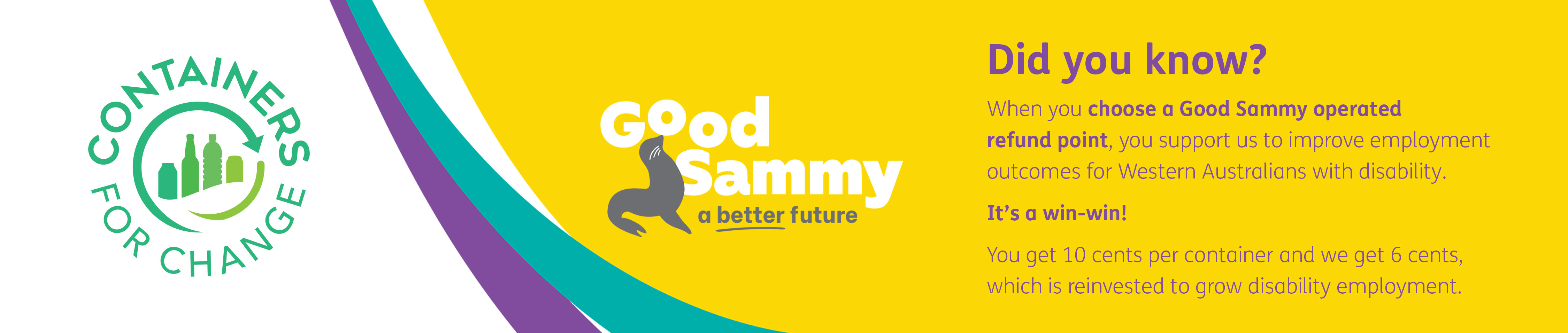 A banner that says: Did you know? When you choose a Good Sammy operated refund point, you support us to improve employment outcomes for Western Australians with disability.  It’s a win-win!  You get 10 cents per container and we get 6 cents, which is reinvested to grow disability employment..