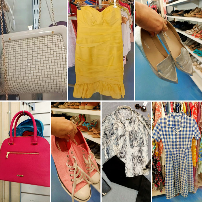 Collage of finds at Good Sammy Albany - including yellow cocktail dress, pink converse, and fuchsia bowler bag